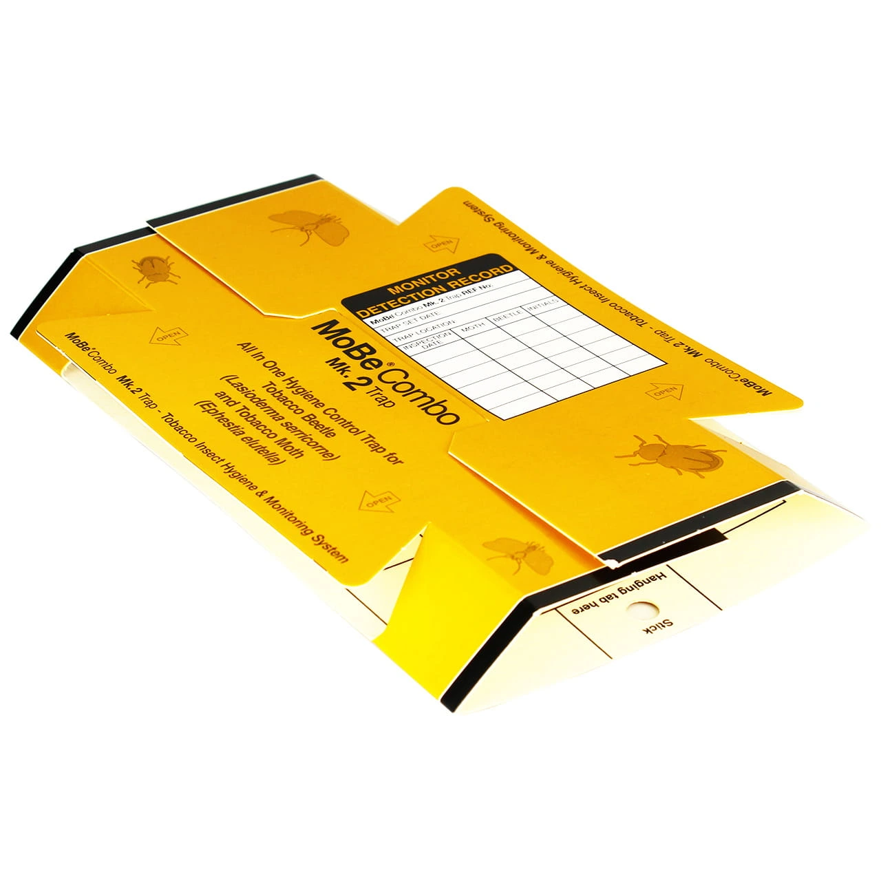 Żółta pułapka lepowa MoBe Combo Mk.2 do monitorowania owadów magazynowych, z ilustracjami szkodników i tabelą detekcji.