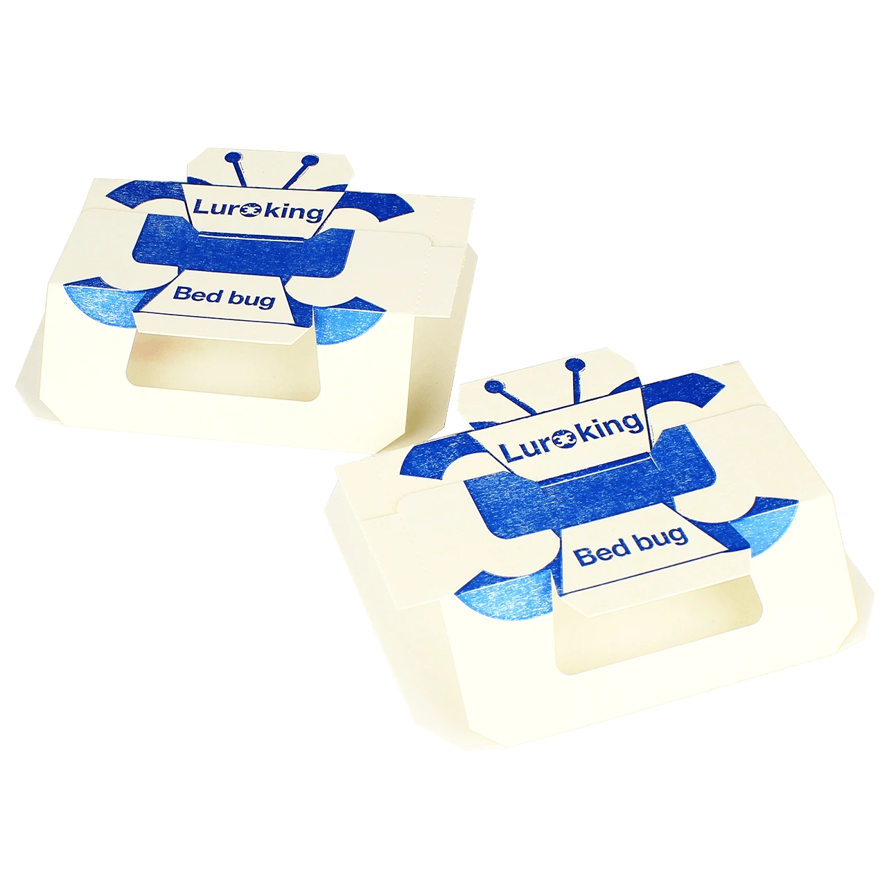 Dwie złożone pułapki kartonowe na pluskwy marki LuroKing z niebieskim nadrukiem owada i napisem „Bed bug”.