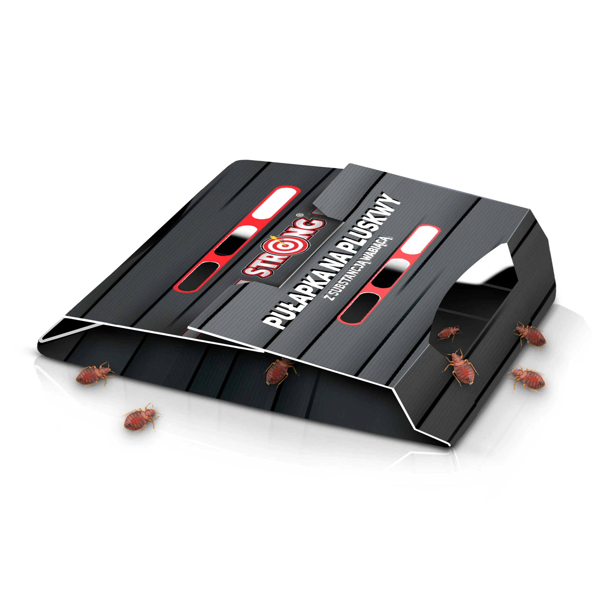 Pułapka lepowa na pluskwy STRONG z substancją wabiącą, czarna, rozstawiona z widocznymi pluskwami wokół detektora.