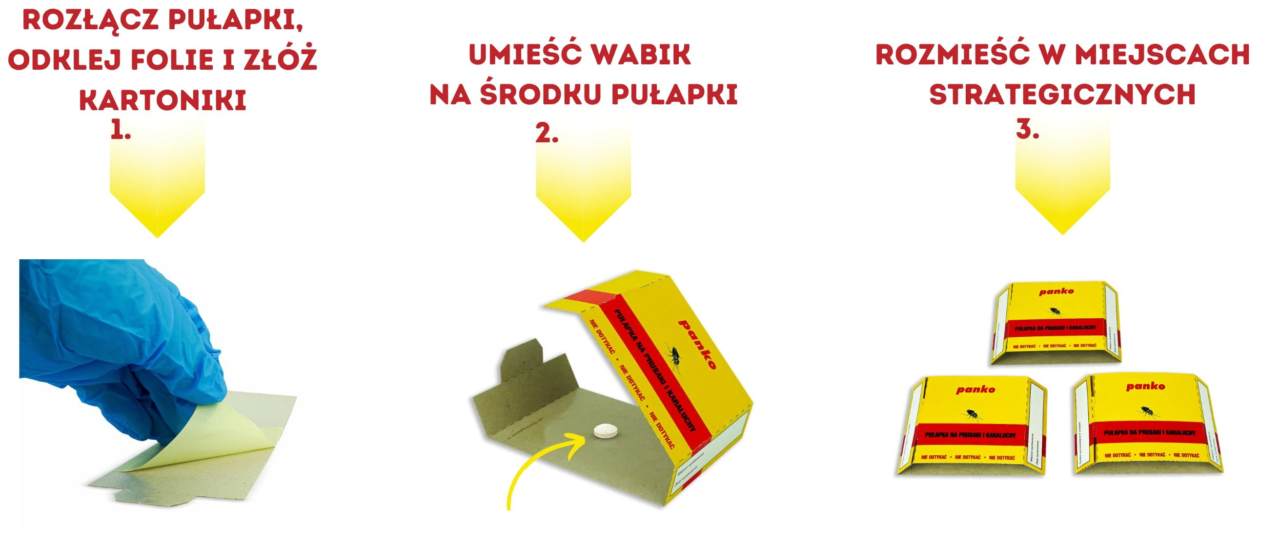 Instrukcja użycia pułapki Panko na prusaki i karaluchy w trzech krokach: rozdzielenie i złożenie kartonika, umieszczenie wabika, rozmieszczenie pułapek.