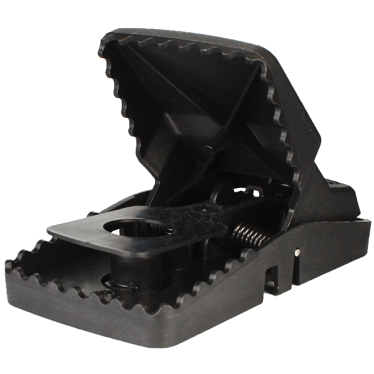 Czarna mechaniczna pułapka szczękowa na szczury, z widocznym mechanizmem sprężynowym i miejscem na przynętę.