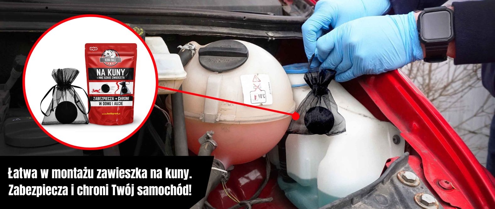 Odstraszacz na kuny KUNA BALL RED 2 w 1 zawieszany pod maską samochodu w komorze silnika