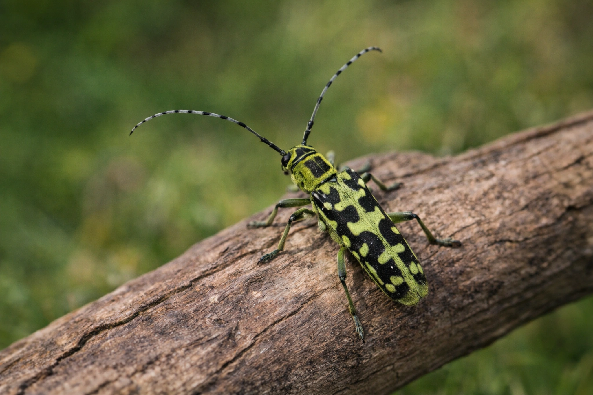 Rzemlik plamisty na drewnie – dorosły chrząszcz z charakterystycznym zielono-czarnym wzorem