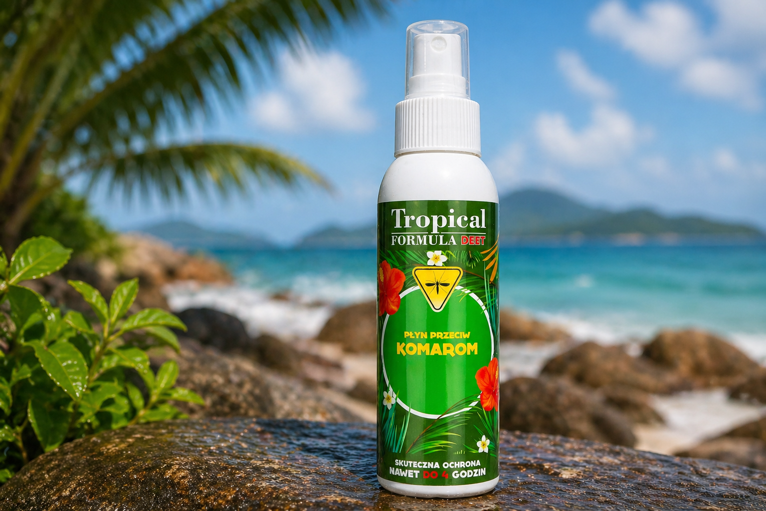 Tropical Formula DEET 15% spray na komary tropikalne 100 ml – repelent na komary i owady egzotyczne, ochrona do 4 godzin, butelka w tropikalnym otoczeniu nad wodą