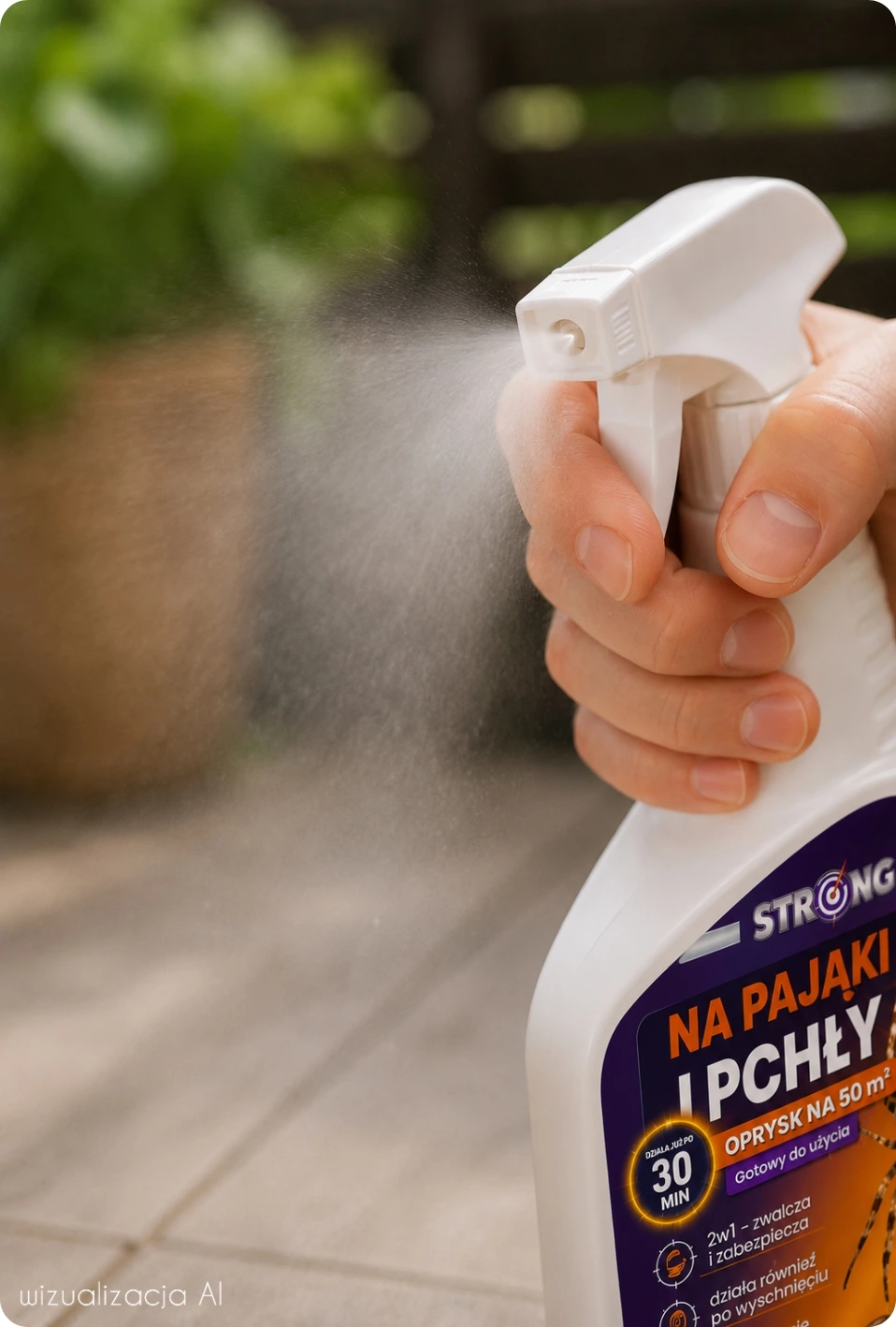 Spray Strong na pająki i pchły rozpylany przy listwie podłogowej, obok widoczny pająk.