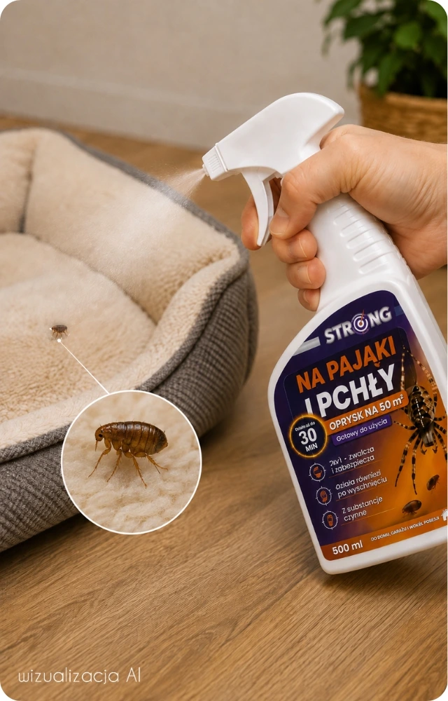 Strong na pająki i pchły w sprayu, rozpylany przy legowisku dla zwierzęcia; zbliżenie pchły na tkaninie.