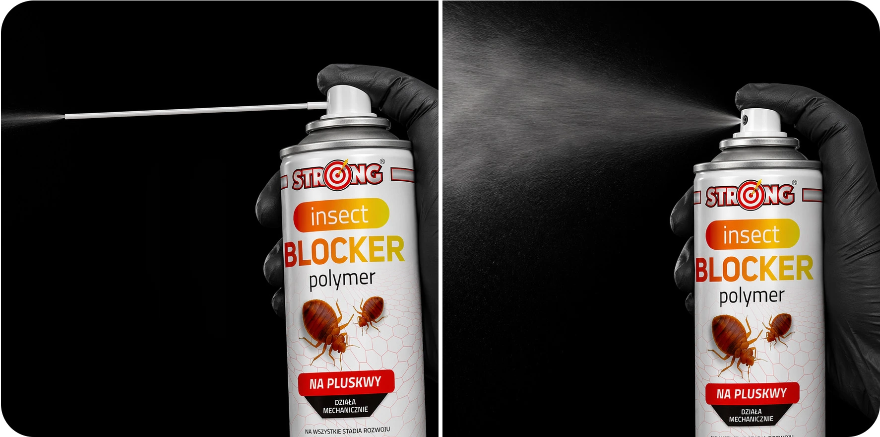 Spray Strong Insect Blocker na pluskwy, aerozol z rurką i szerokim strumieniem, używany z ręki w czarnej rękawicy na czarnym tle