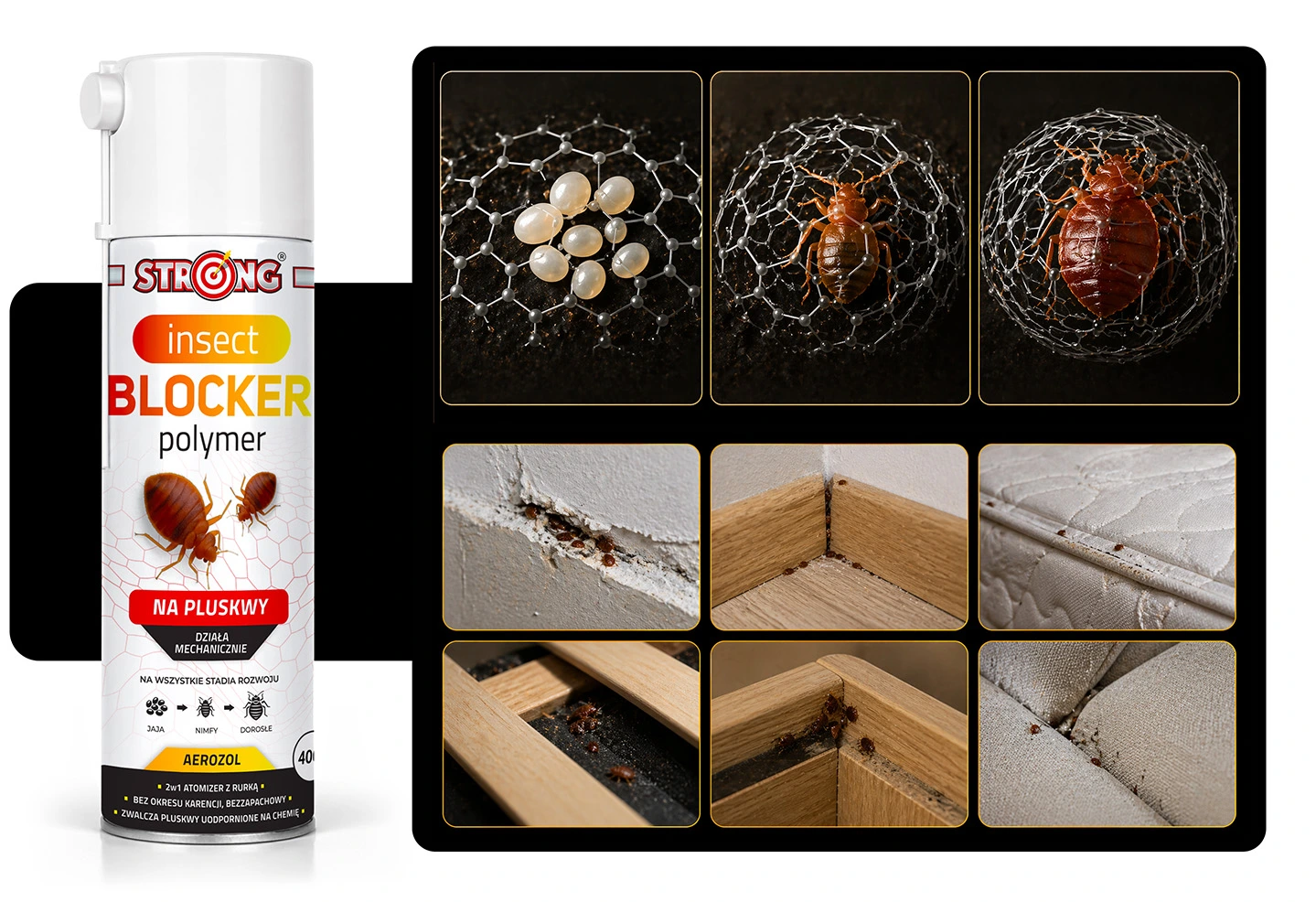 Spray STRONG Insect Blocker polymer na pluskwy, aerozol 400 ml, obok wizualizacja działania i miejsca występowania pluskiew