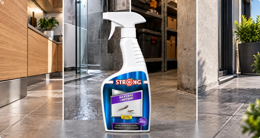 Spray STRONG na rybiki i mrówki 500 ml na tle kuchni, łazienki, pomieszczenia gospodarczego i tarasu.