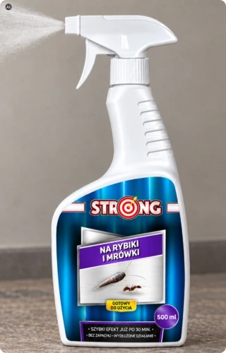 Butelka sprayu STRONG na rybiki i mrówki 500 ml z białym rozpylaczem, obok widoczne mrówka i rybik.