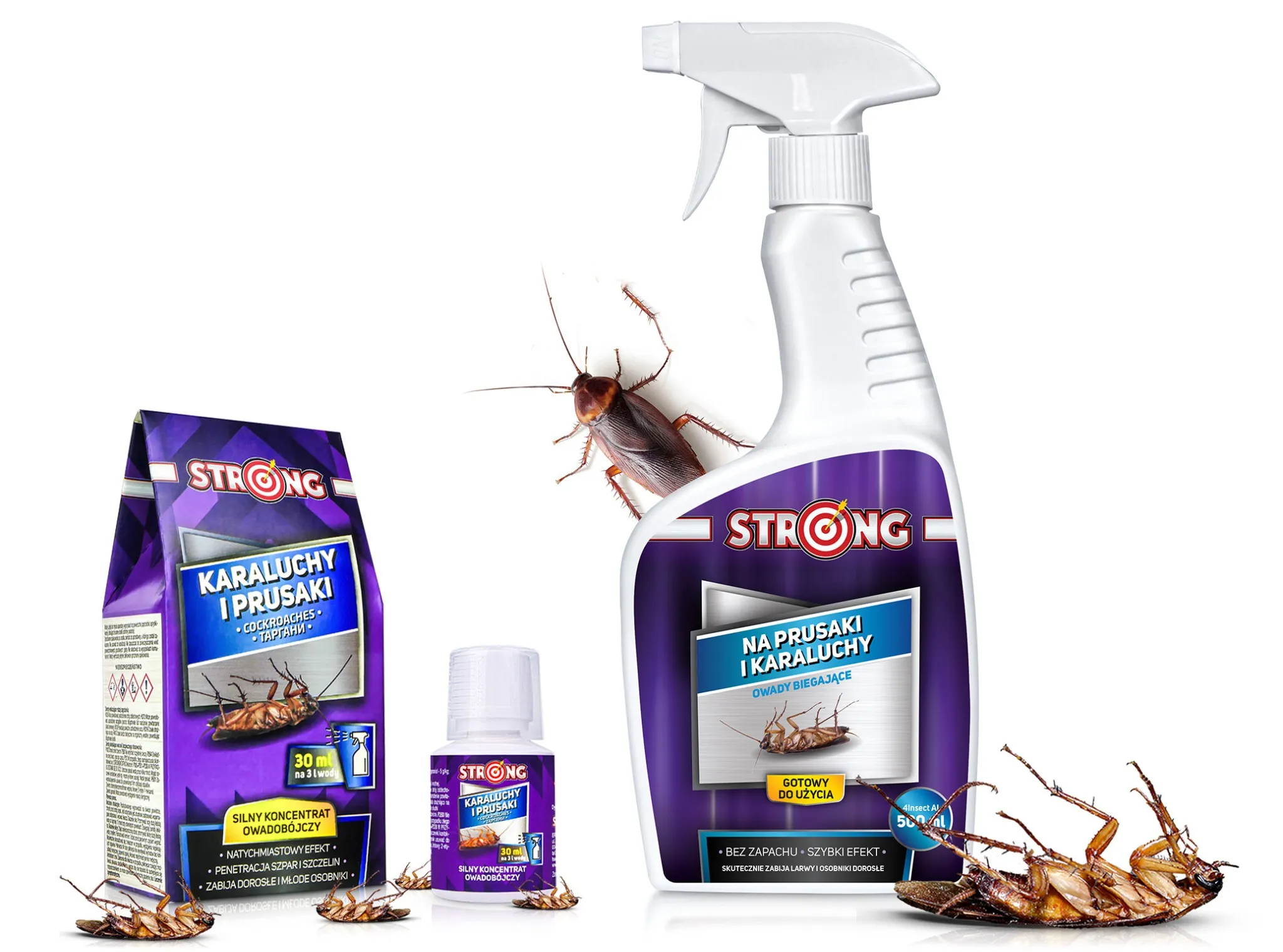 Preparaty Strong na prusaki i karaluchy: koncentrat owadobójczy i spray gotowy do użycia. W tle widoczne martwe karaluchy i jeden pełzający po butelce.