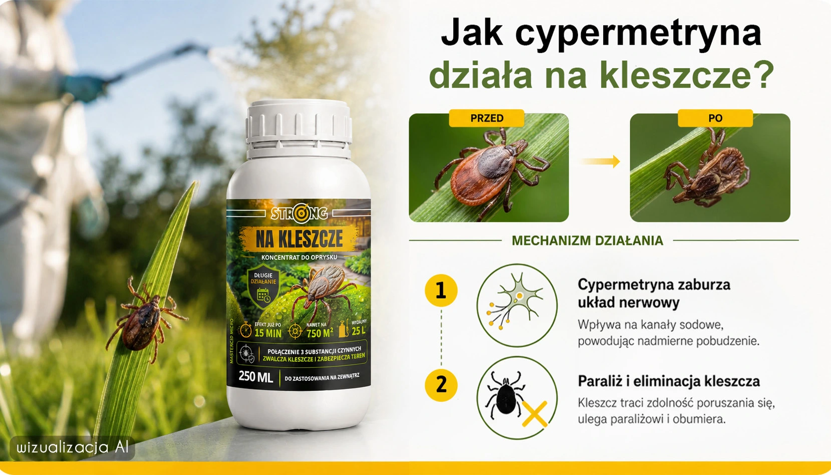 Infografika: cypermetryna zaburza układ nerwowy kleszcza, powodując paraliż i eliminację.