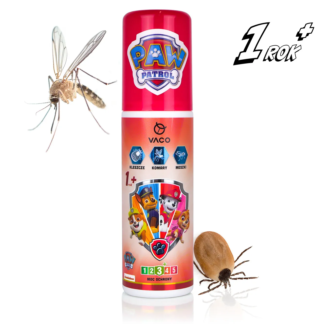 Spray Vaco dla dzieci od 1. roku życia przeciw kleszczom, komarom i meszkom, z bohaterami Psiego Patrolu na czerwonym opakowaniu.