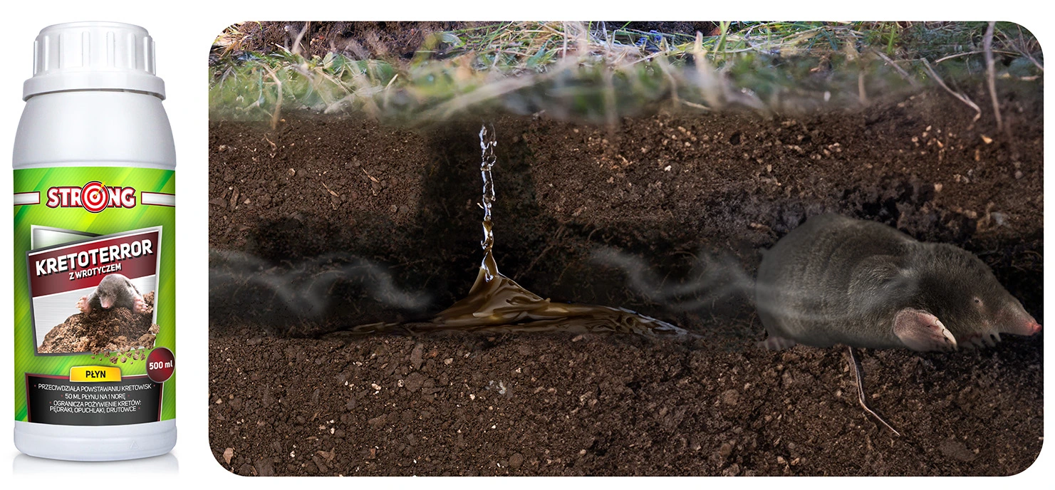 Preparat Kretoterror w użyciu – wlewany do kreciego tunelu, obok widoczny kret uciekający przed drażniącym zapachem.