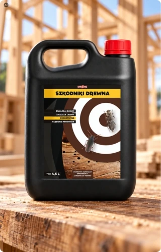 Preparat STRONG „Szkodniki Drewna” 4,5 l na tle drewnianej konstrukcji budynku.
