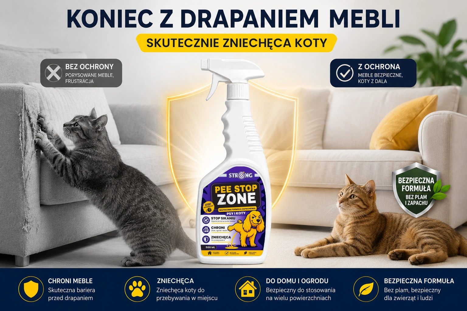 Preparat odstraszający koty – chroni meble przed drapaniem, wystarczy spryskać powierzchnię, by odstraszyć pupila.