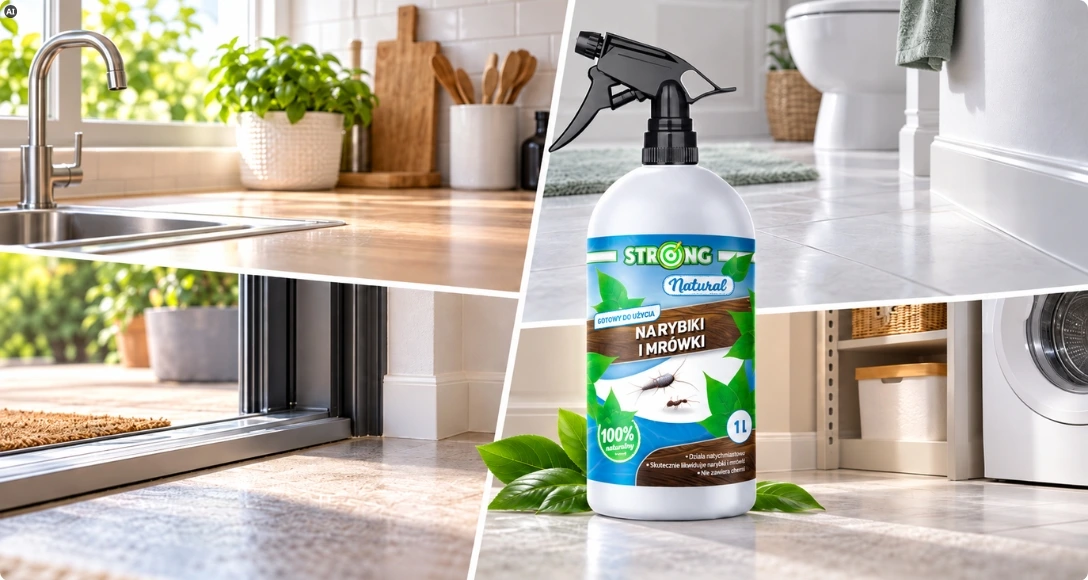 Preparat Strong Natural na rybiki i mrówki w butelce 1 l z atomizerem, na tle kuchni, łazienki i pralni.