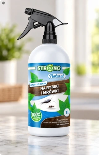 Strong Natural na rybiki i mrówki, naturalny preparat w białej butelce 1 l z czarnym spryskiwaczem, na jasnym blacie.