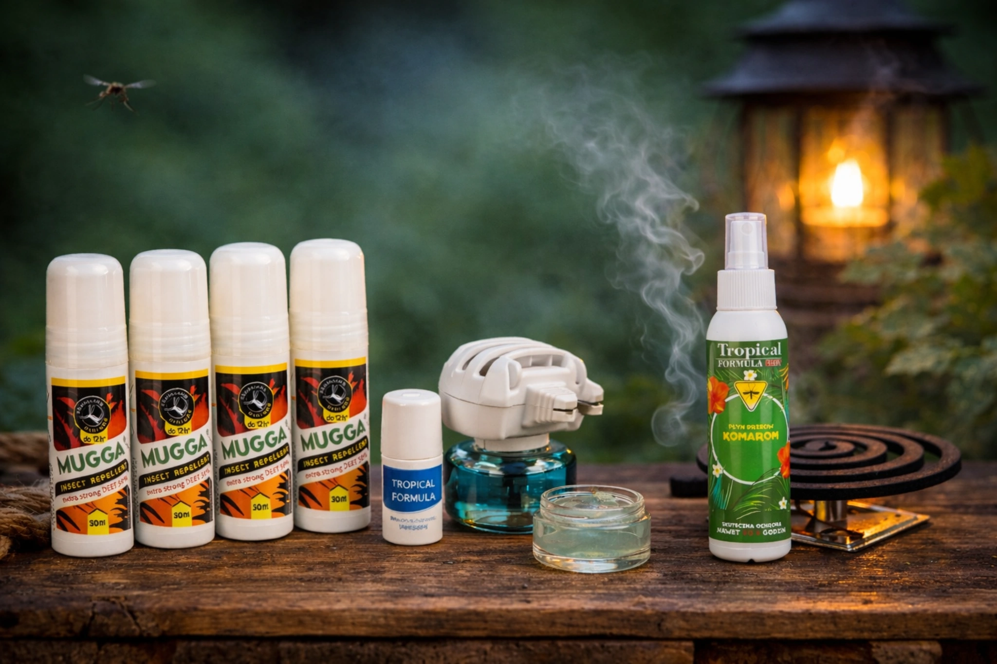 Środki odstraszające komary Mugga i Tropical Formula w formie sprayów i urządzenia elektrycznego, ustawione na drewnianym stole w plenerze z widocznym dymem i lampionem w tle.