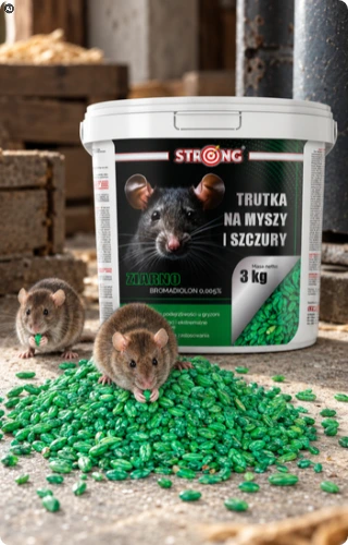 trutka na myszy i szczury STRONG ZIARNO bromadiolon 3 kg w białym wiadrze, zielone ziarno i dwie myszy w pomieszczeniu gospodarczym