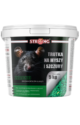 trutka zbożowa na myszy i szczury STRONG ZIARNO 5 kg z bromadiolonem 0,005% w białym wiadrze z etykietą przedstawiającą szczura i zielone ziarno na białym tle