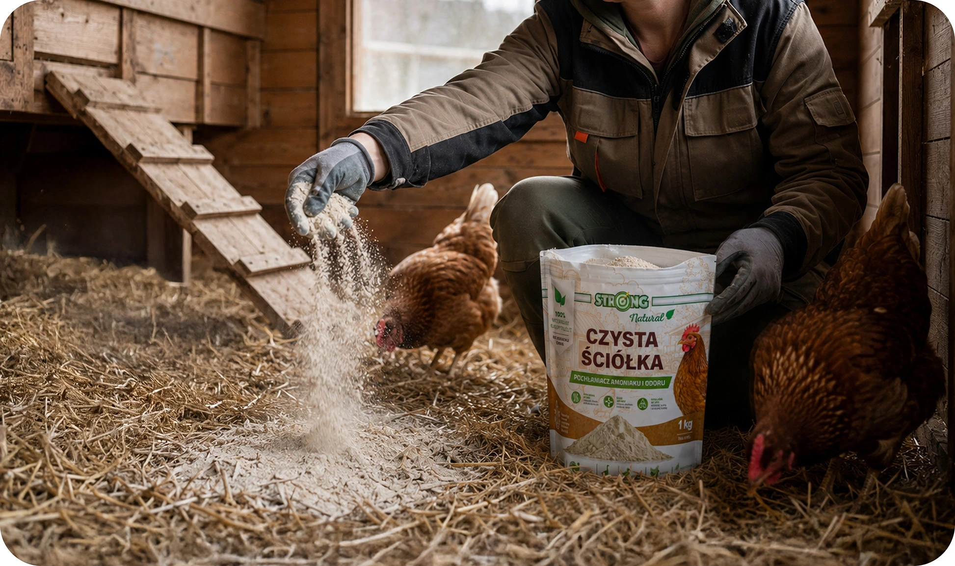 Hodowca rozsypuje preparat Strong Czysta Ściółka w kurniku obok worka 1 kg i kilku kur.
