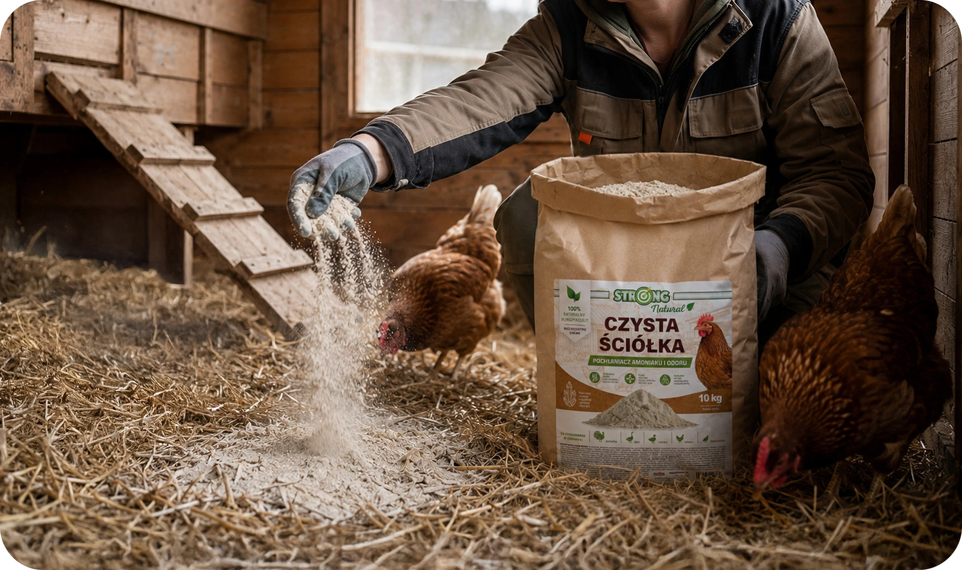 Hodowca rozsypuje preparat Strong Czysta Ściółka w kurniku obok worka 10 kg i kilku kur.