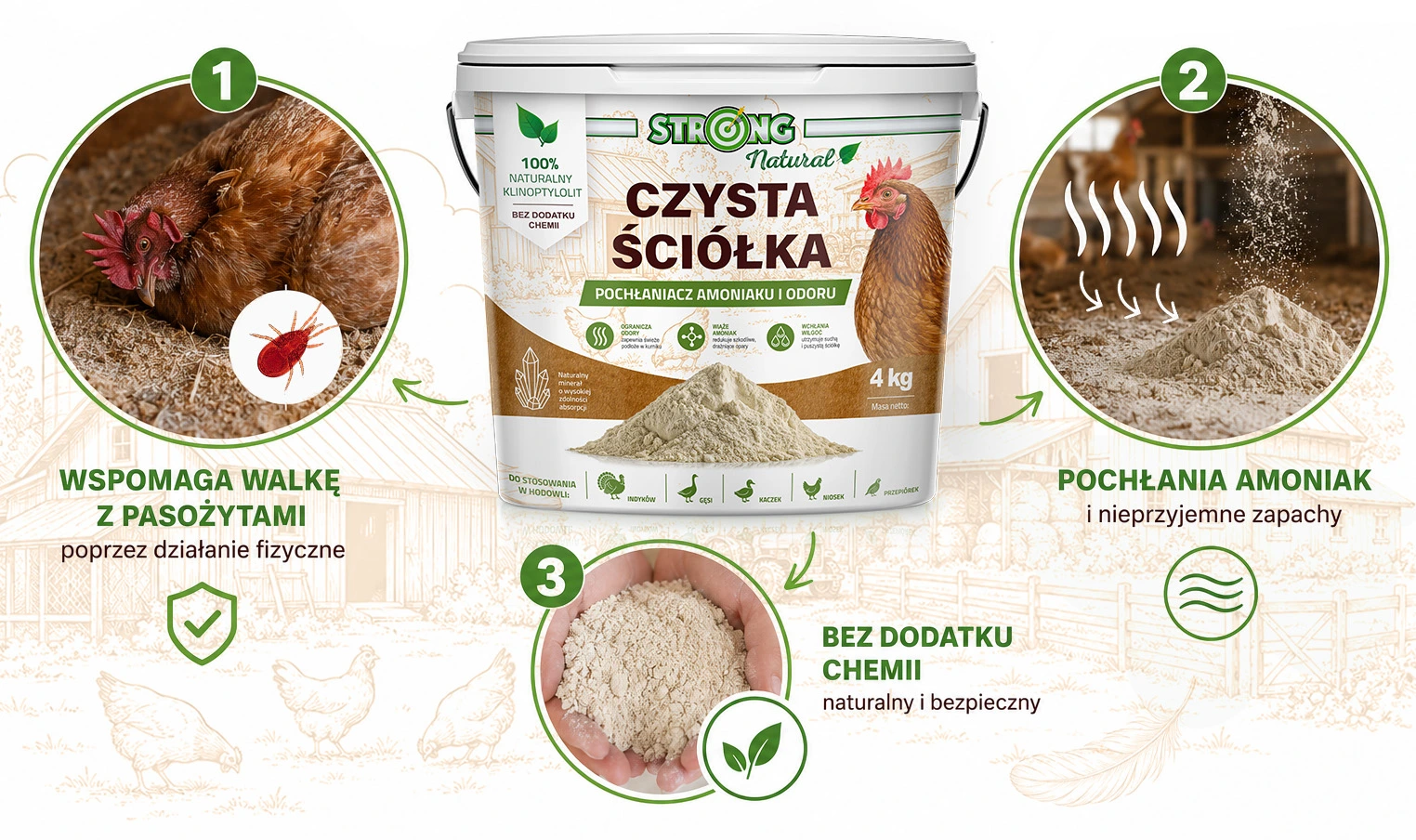 STRONG Natural Czysta Ściółka 4 kg – naturalny pochłaniacz amoniaku, wilgoci i zapachów do kurnika