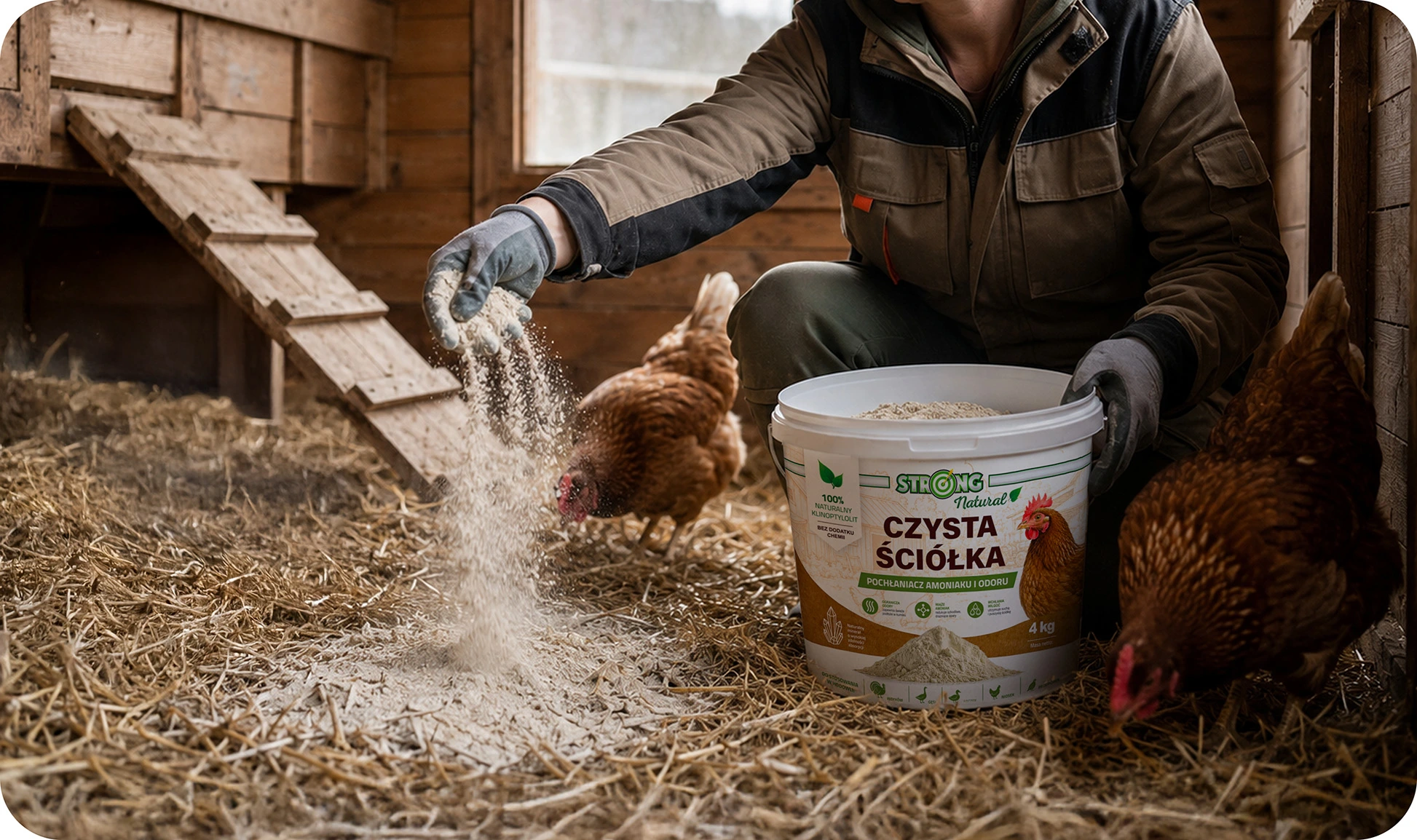 Strong Natural Czysta Ściółka 4 kg: kobieta rozsypuje proszek w kurniku wśród kur