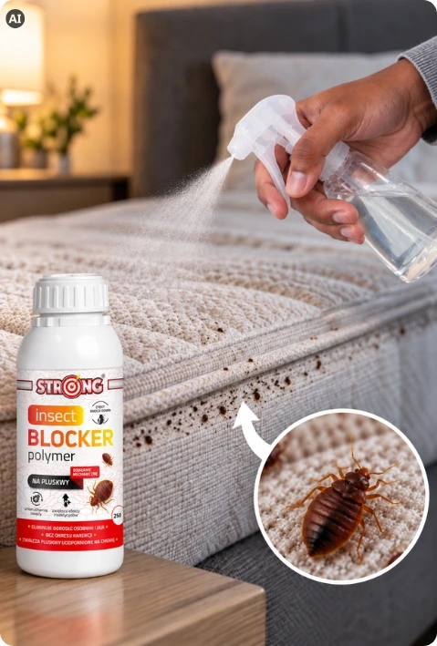 Preparat Strong Insect Blocker Polymer obok łóżka podczas opryskiwania materaca przeciw pluskwom.