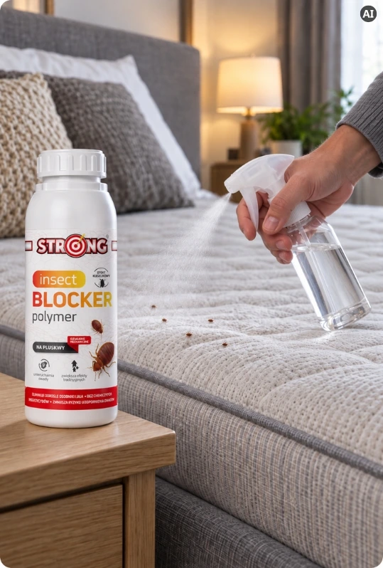 Preparat STRONG Insect Blocker Polymer na pluskwy obok łóżka, podczas opryskiwania materaca.