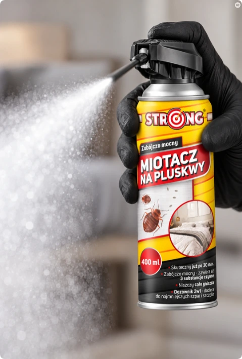 miotacz na pluskwy strong 400 ml trzymany w dłoni w czarnej rękawiczce podczas rozpylania preparatu w sypialni