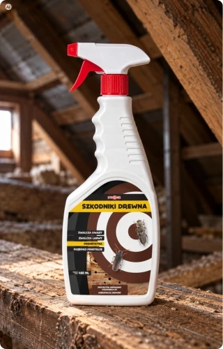 Preparat Strong „Szkodniki Drewna” 450 ml w butelce z rozpylaczem, ustawiony na uszkodzonej drewnianej belce.
