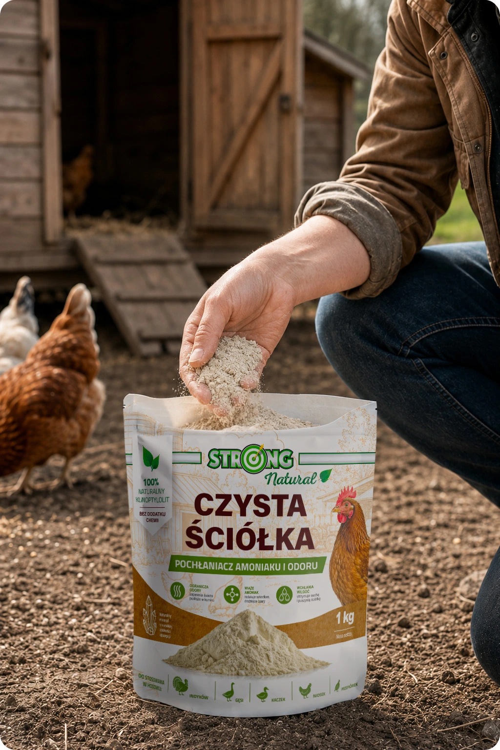 Czysta Ściółka 1 kg w użyciu: osoba nabiera proszek z wiadra przy kurniku, obok kury