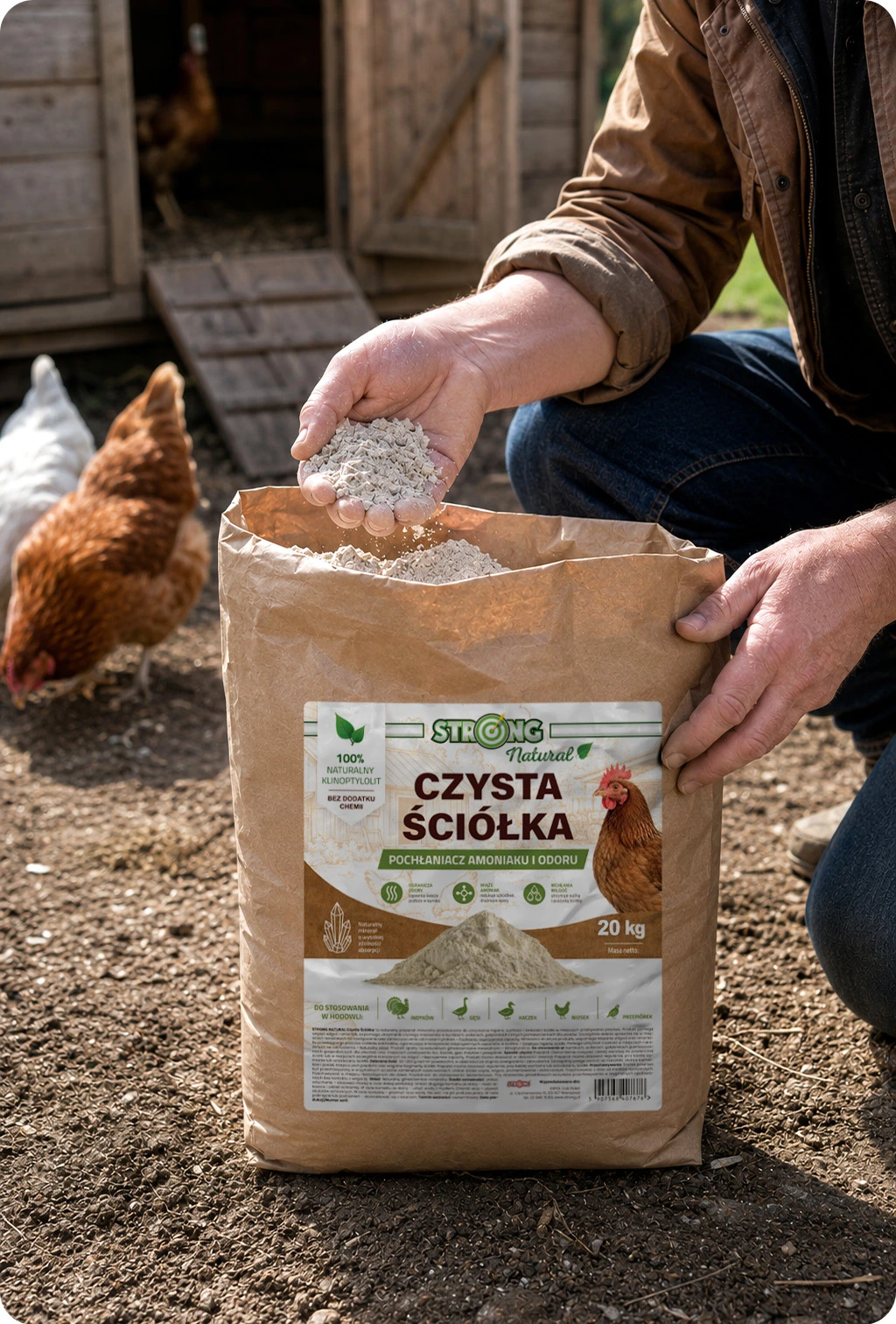 Czysta Ściółka 20 kg w użyciu: osoba nabiera proszek z worka przy kurniku, obok kury