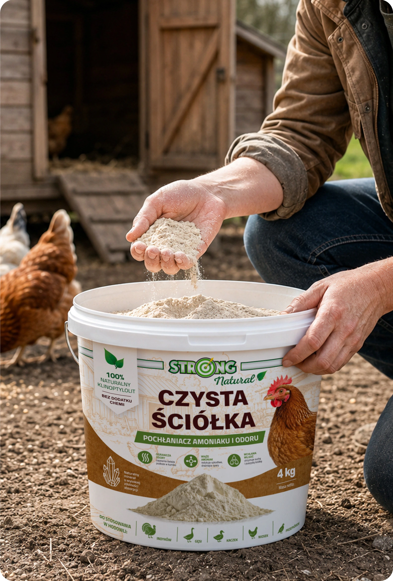 Czysta Ściółka 4 kg w użyciu: osoba nabiera proszek z wiadra przy kurniku, obok kury