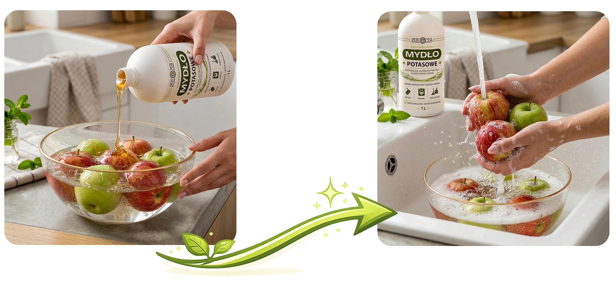Mydło potasowe Strong 1 L używane do mycia owoców; nalewane do miski z jabłkami, następnie spłukiwanie pod bieżącą wodą.
