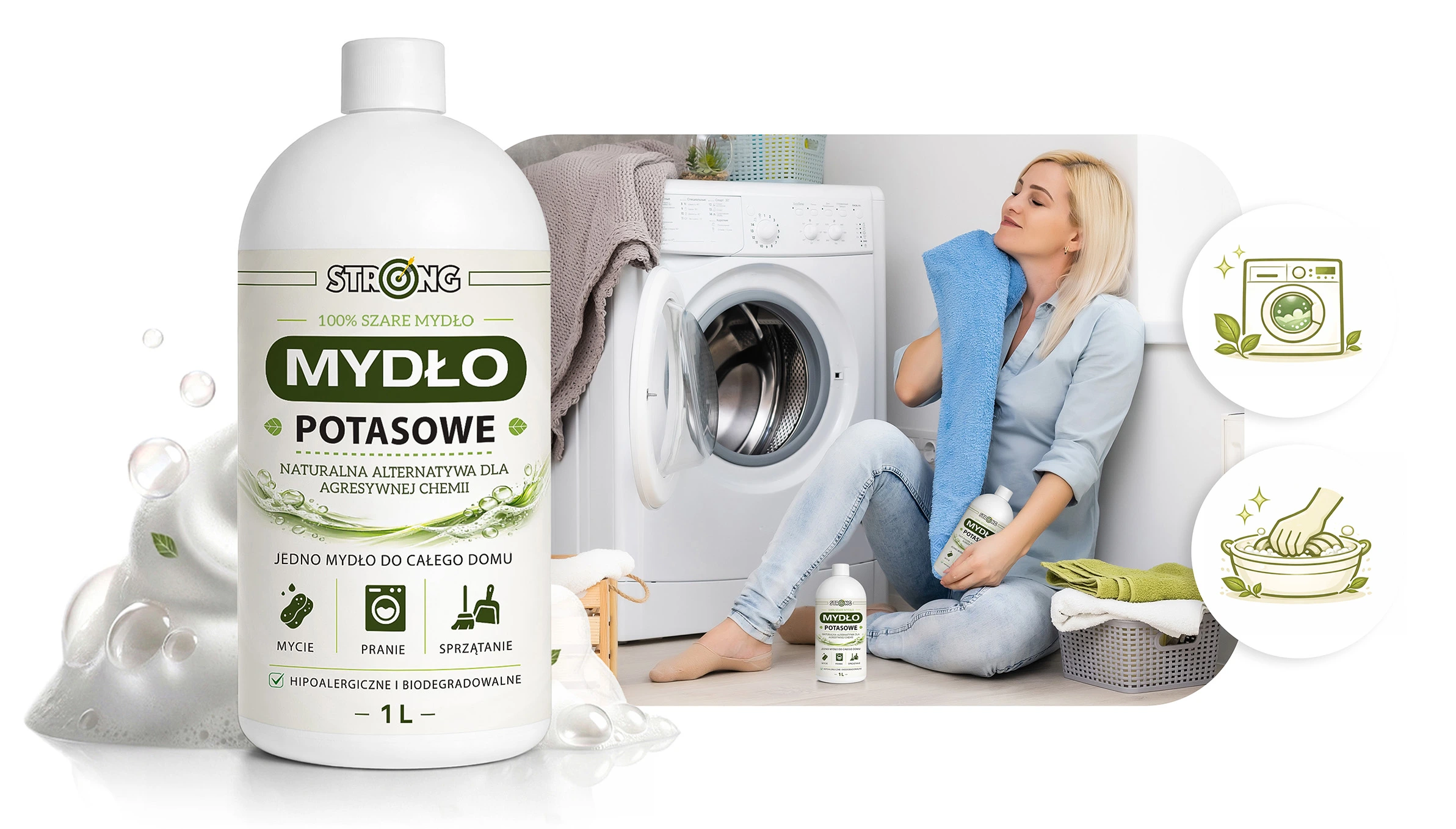 Mydło potasowe Strong 1 L – naturalny środek do prania i sprzątania; kobieta przy pralce, ekologiczne ikony prania i mycia.