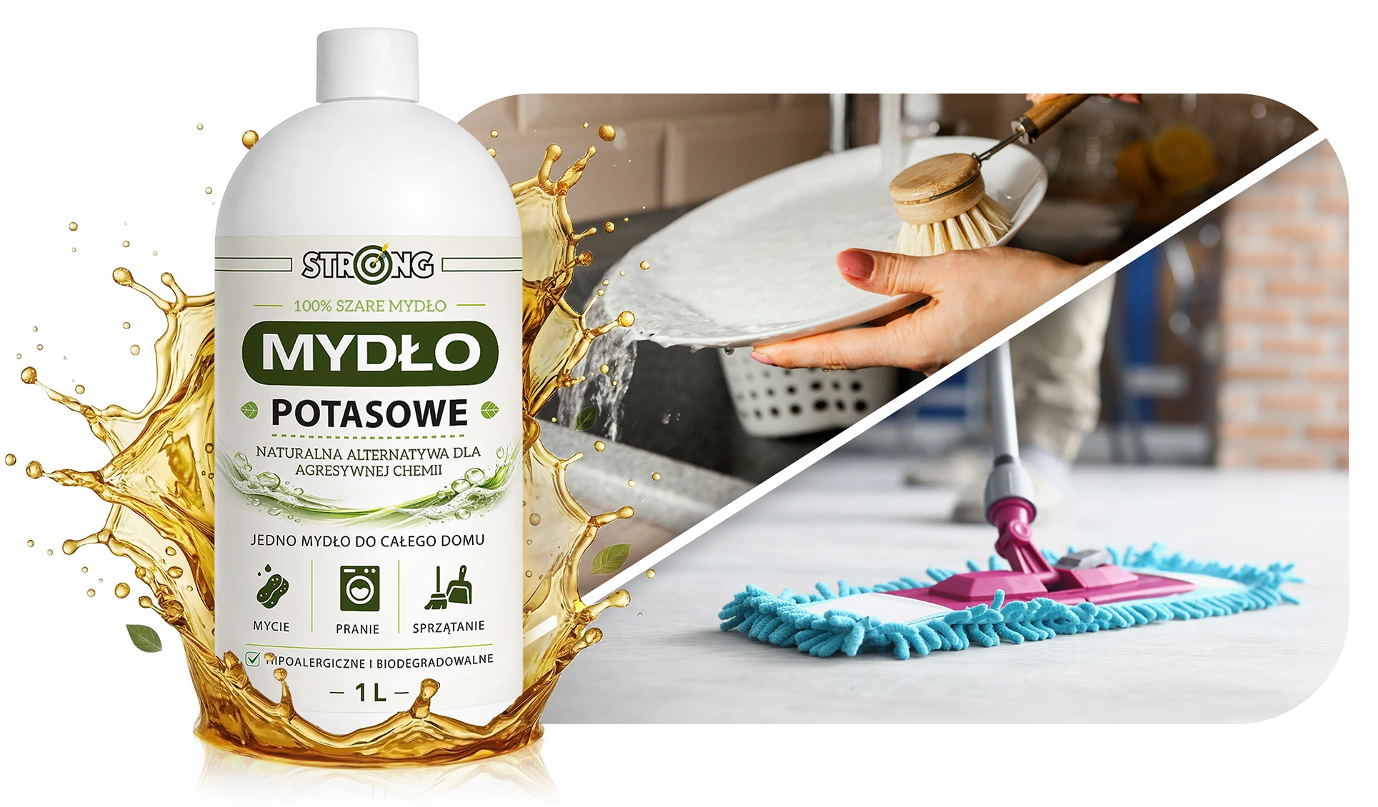 Mydło potasowe Strong 1 L do mycia naczyń i sprzątania domu; talerz szorowany szczotką przy zlewie i mop myjący podłogę.