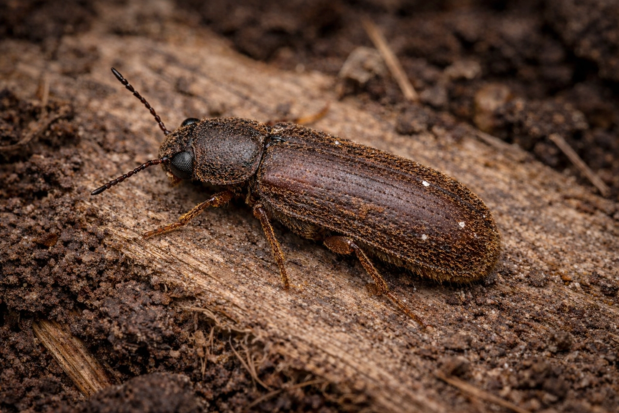 Stukacz świerkowiec na drewnie – dorosły chrząszcz szkodnik drewna o wydłużonym ciele