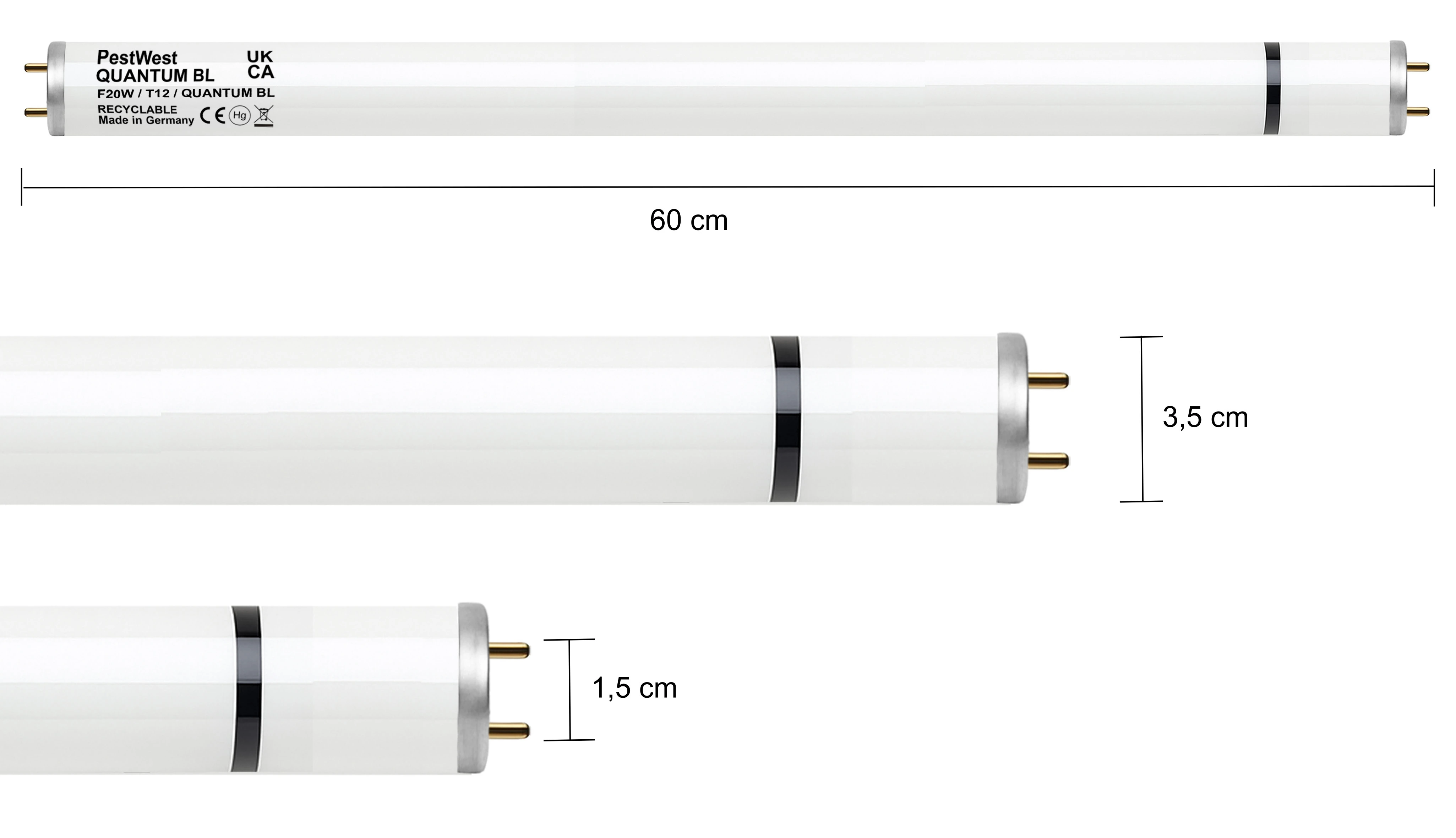 Świetlówka PestWest Quantum BL F20W/T12 o długości 60 cm i średnicy 3,5 cm, z dwoma złotymi pinami i czarnym paskiem przy trzonku.