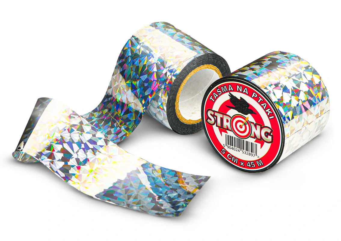 Holograficzna taśma odstraszająca ptaki Strong, szerokość 5 cm, długość 45 m, z efektem odbijania światła.