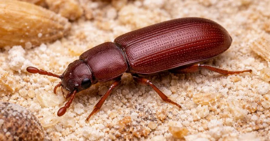 Chrząszcz o wydłużonym, spłaszczonym ciele, czerwono-brązowy, na ziarnach i okruchach mąki.