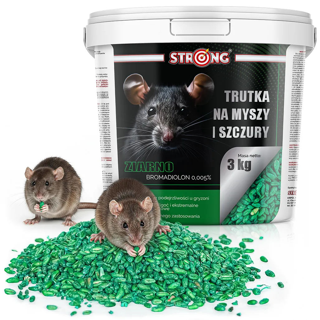 Trutka na myszy i szczury STRONG Ziarno Bromadiolon 0,005% 3 kg – zielona przynęta gryzoniobójcza w wiaderku, obok szczury.