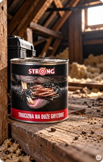 Opakowanie trutki STRONG na duże gryzonie ustawione na drewnianej belce na poddaszu.
