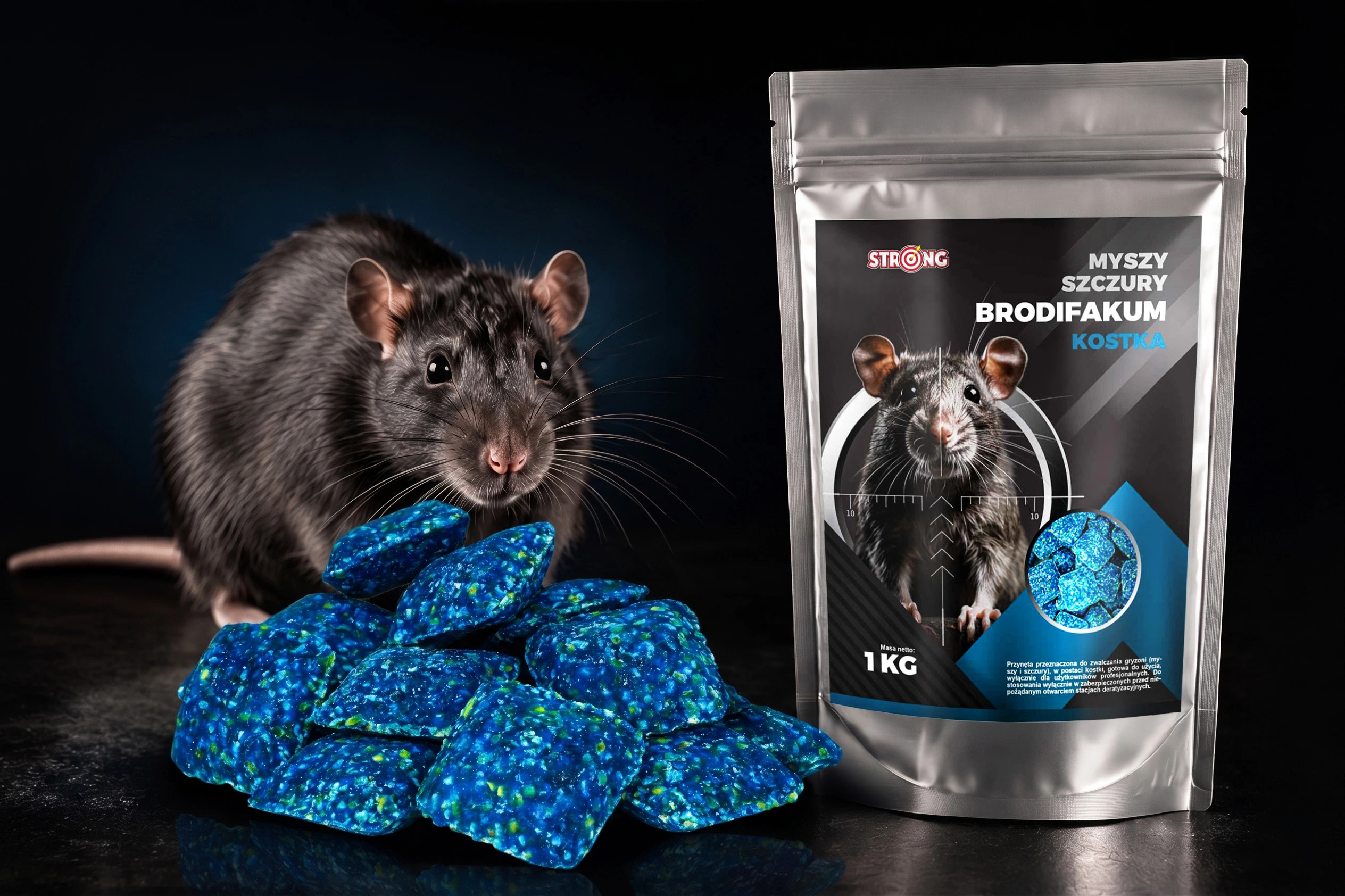 Opakowanie trutki na myszy i szczury Brodifakum Strong 1 kg, obok niebieskie kostki trujące i czarny szczur