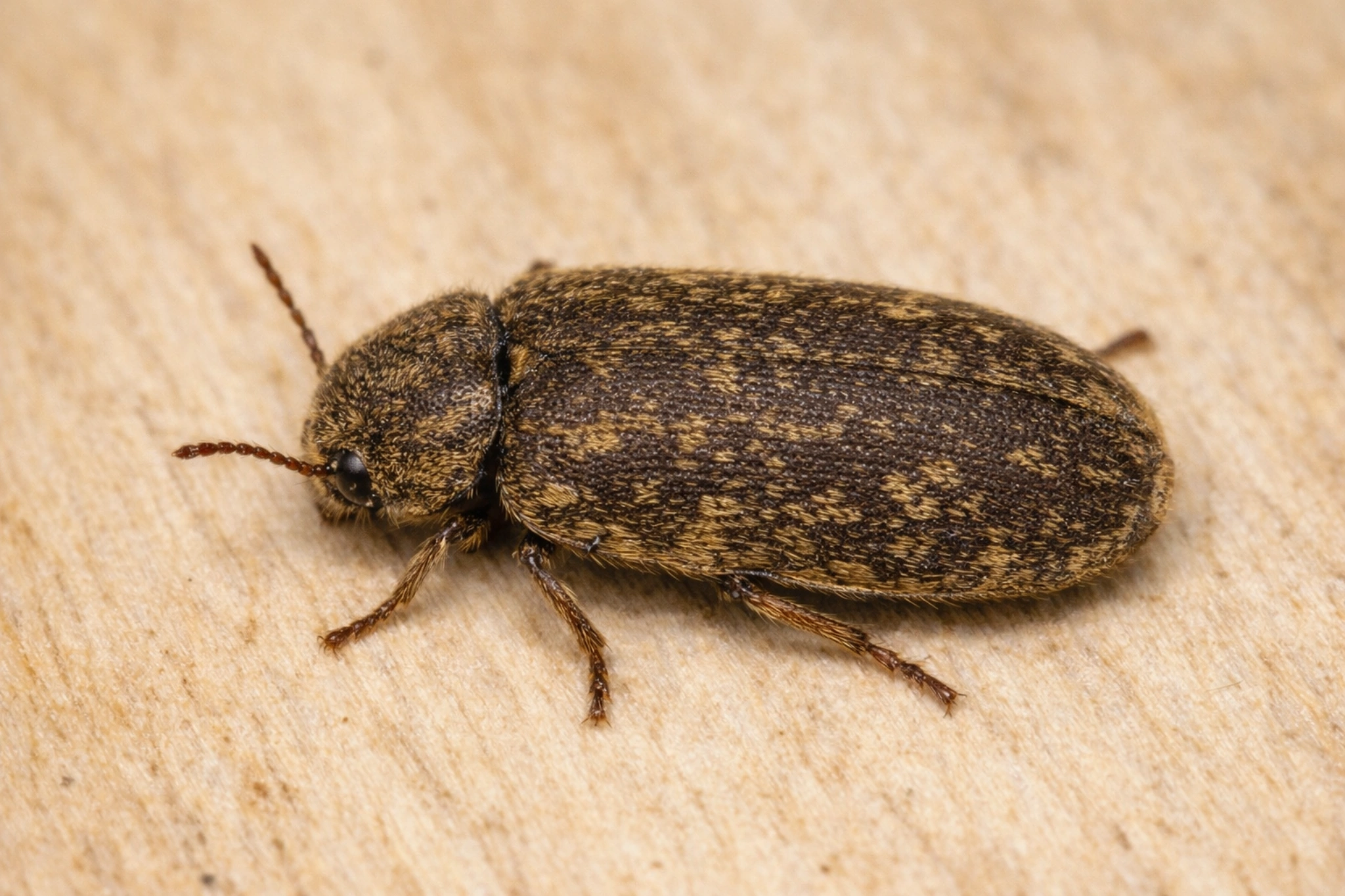 Tykotek pstry na drewnie – dorosły chrząszcz szkodnik drewna z charakterystycznym nakrapianym ciałem