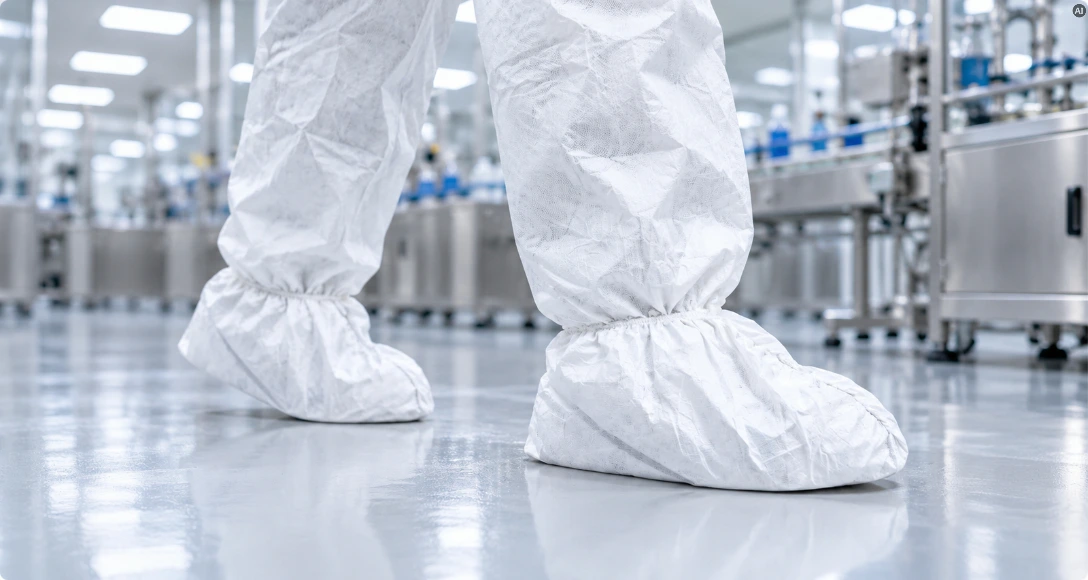 pracownik w białym kombinezonie i ochraniaczach na buty Tyvek 500 w czystej hali produkcyjnej