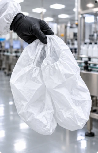 dłoń w czarnej rękawiczce nitrylowej trzymająca parę białych ochraniaczy na obuwie Tyvek 500 na tle hali produkcyjnej