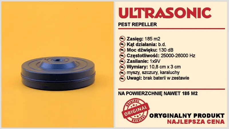 Okrągły odstraszacz ultradźwiękowy Ultrasonic w kolorze granatowym, na pomarańczowym tle; obok dane techniczne i informacja o braku baterii w zestawie.